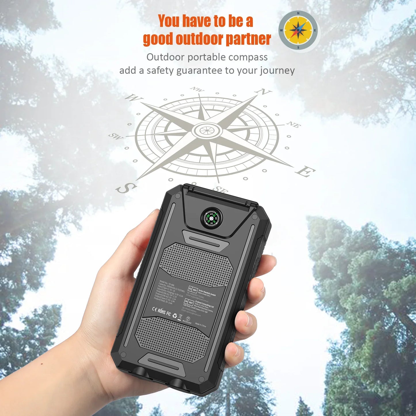 10000mAh Solar Charging Power Bank,Dual USB & Type C Output Port Multicharger Power Bank with Flashlight and Compass