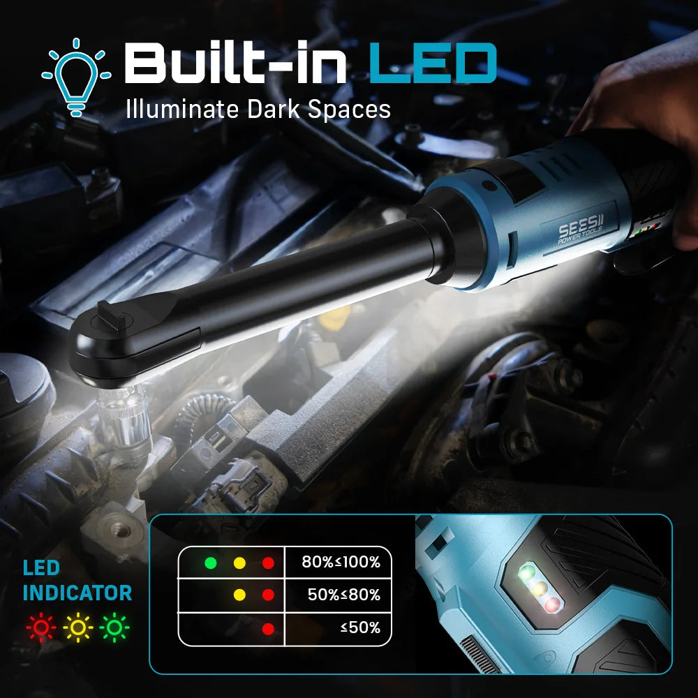 SEESII 3/8"Cordless Electric Wrench 55Nm 6" Extended Ratchet Wrench 12V Rechargeable Angle Wrench Car Repair Tools w/2 Batteries